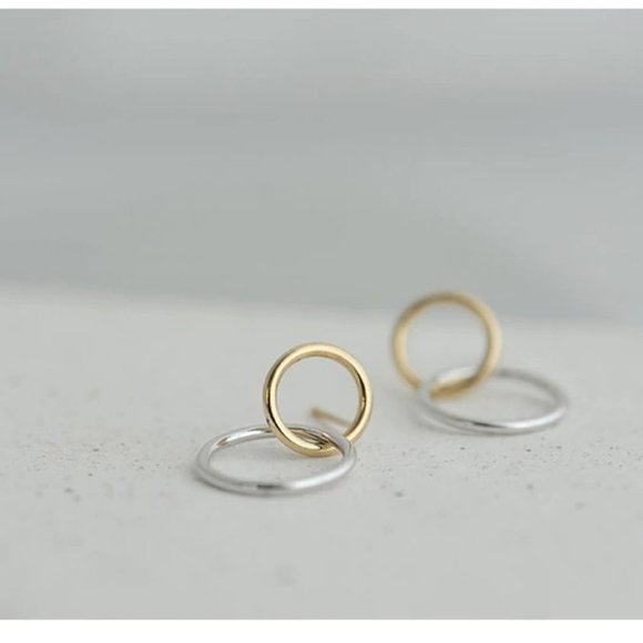 Sterling Silver Two Tone Double Circle Earrings - Picture 7 of 8